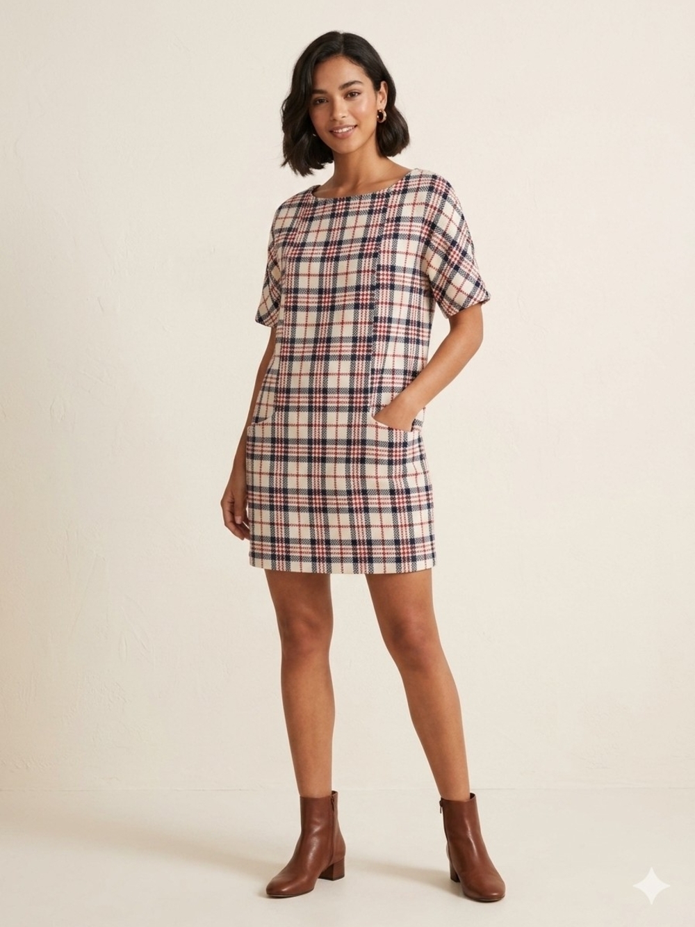 Zara Tartan Plaid Shift Dress Red Blue Size Large Lined Pockets Office Classic